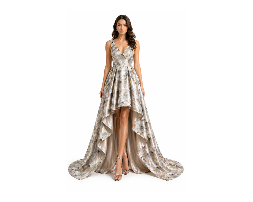 Silver Abstract Jacquard High-Low Dress